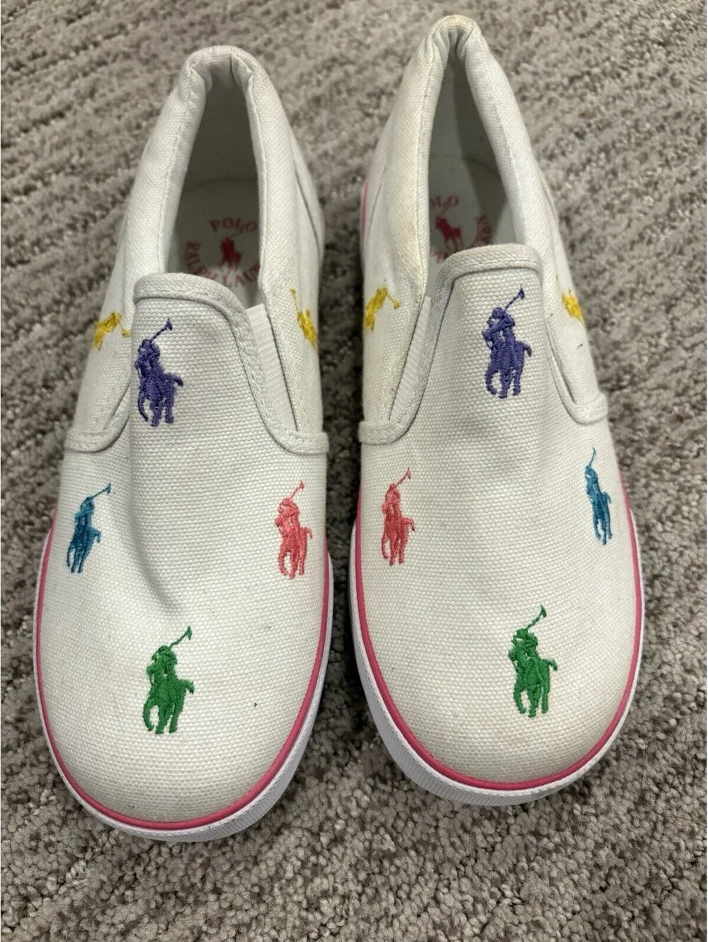 Polo Ralph Lauren Canvas Slip-On Sneakers White Multicolor Logo girls 13